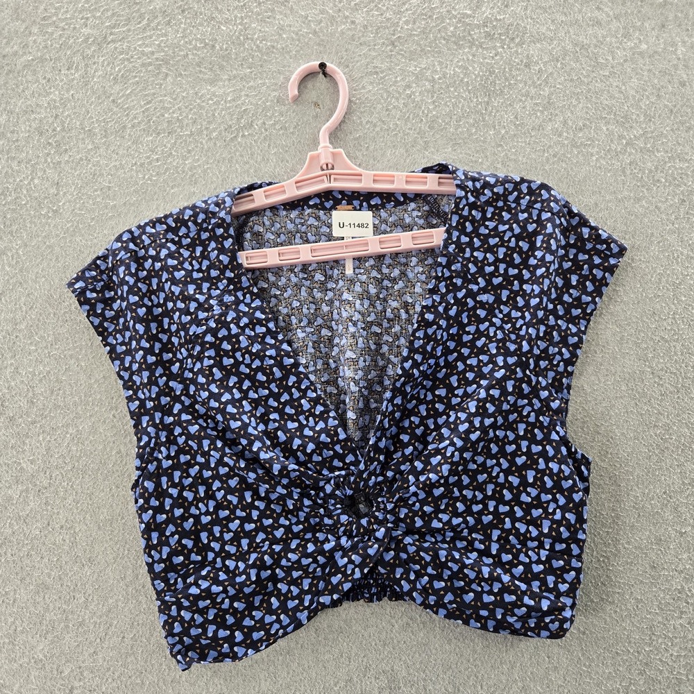 Free People Women Blouse L/G Blue Floral Havana Honey Crop Top Ruffle V-Neck